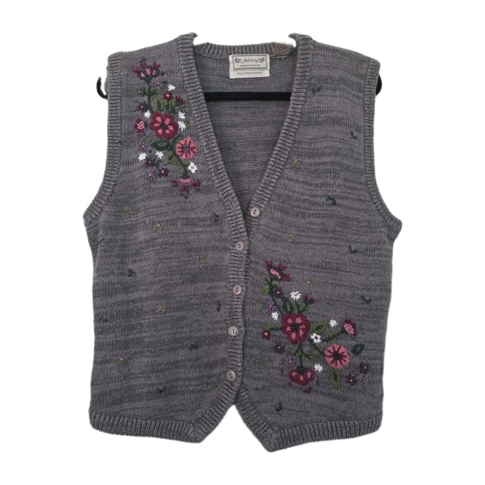 Vintage Embroidered Floral Cottagecore Sweater Vest Womens L Gray Boho Button Up